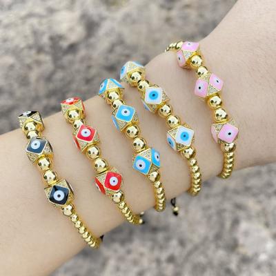 China FASHIONABLE BM1093 18k Gold Plated Beaded Macrame Shape Dodecahedron Evil Eyes Enamel Adjustable Bracelets for sale