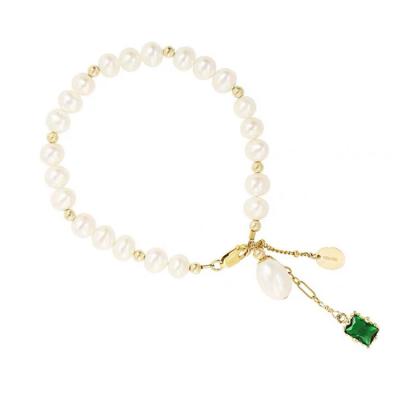 China FASHIONABLE Popular Chic Adjustable Slide Chain 18k Gold Plated Freshwater Pearl Bracelet With Green CZ Charm For Women for sale