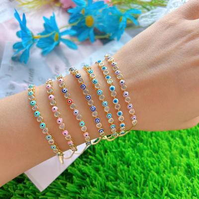 China BC1418 Religious Mini Tasty 18k Gold Plated CZ and Rainbow Enamel Spiritual Evil Eyes Slide Bracelet Chain Jewelry for sale