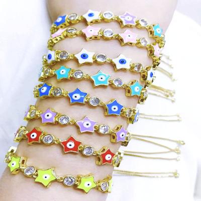 China BC1406 Fashion18k Religious Gold Plated Rainbow Enamel Multi Colored Star With Spiritual Evil Eyes CZ Tennis Link Chain Bracelets for sale