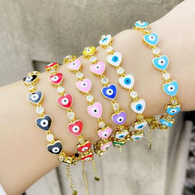 China BC1416 Delicacy Religious Adjustable 18k Gold Plated Rainbow Enamel Evil Eyes Multi Colored CZ Heart Shaped Spiritual Chain Bracelets for sale