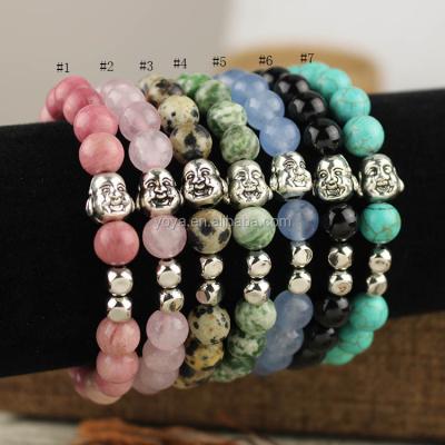 China Rhodonite BRA1090 Gemstone Beaded Metal Laughing Buddha Bracelet, Fashion Stone Beaded Elastic Buddha Bracelet for sale