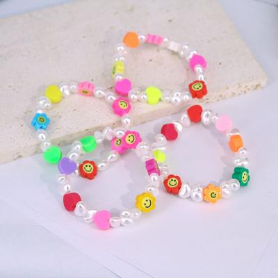 China BP1037 CLASSIC Colorful Polymer Clay Heart and Smiley Flower and Irregular Bead Beaded Elastic Children's Bracelet for Kid Girls for sale