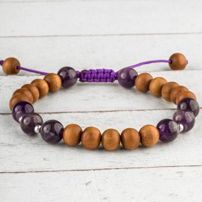 China BW3021 Fashion Natural Wood Sandalwood Bead Macrame Bracelet, Amethyst Bracelet, Prayer, Mala, Yoga, Meditation Bracelets for sale