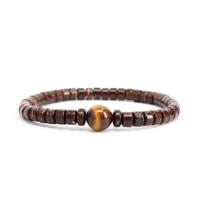 China BW3030 Fashion Coconut Wood Shell Wood Bead Bracelet with Tiger's Eye Stone Focal Beads,Protection,Surfer Bracelet for sale