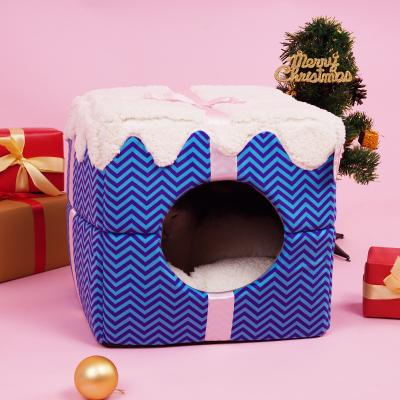 China 2023 New Custom Christmas Pet's and New Year's Warm Partially Enclosed Gift Box Bed Cat House Breathable for sale