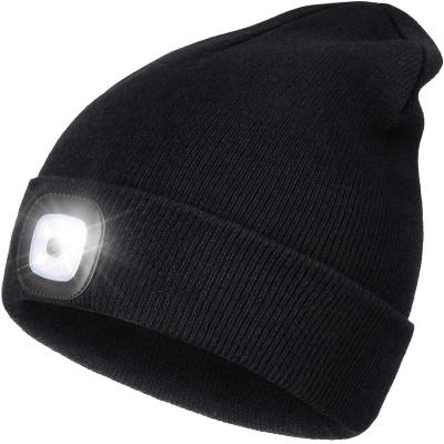 China Unisex USB Camping Rechargeable Hands Free 4 LED Headlight Hat Winter Knitted Night Lit LED Beanie Hat Flashlight With Light for sale