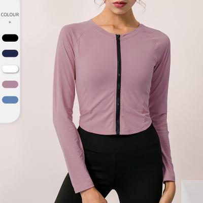 China QUICK DRY Women's Sports Running Long Sleeve Blouse Women's Long Sleeve Gym Yoga Hold-Collar Zipper Breathing Short Style Coat for sale