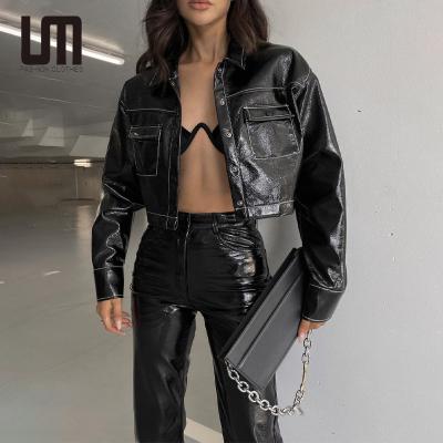 China Liu Ming Fall Winter Women Punk Style Faux Black Breathable Leather Jacket Long Sleeve Gothic Coat for sale