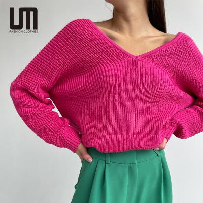 China Liu Ming Winter 2022 Women's Clothing Solid Color Breathable V-Neck Knitting Casual Loose Pullover Sweaters for sale