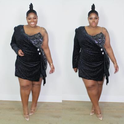 China Wholesale Breathable Dropshipping 2021 Women Fall Plus Size One Shoulder Black Sequin Dress for sale