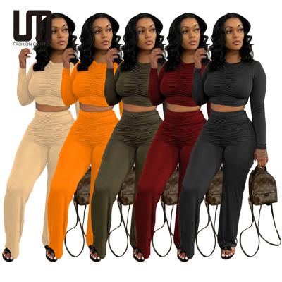 China Liu Ming Custom Logo Women Breathable Tracksuit Set Crop Top Sleeve Ruched Loose Long Pants Matching Set for sale