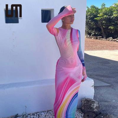 China Liu Ming Breathable 2021 Wholesale New Arrival Women Clothes Fall Printed Long Sleeve See Through Bodycon Midi Dress for sale