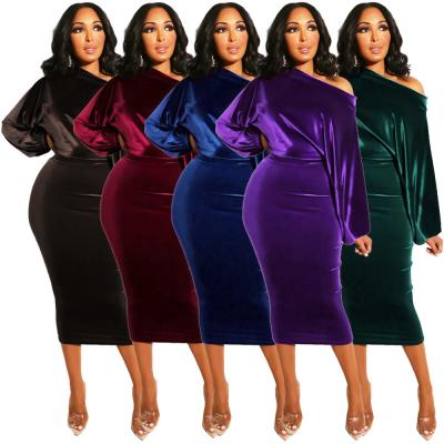 China Women Breathable Elegant Velvet Autumn Winter Long Sleeve Off The Shoulder Pencil Midi Dress XXXL for sale