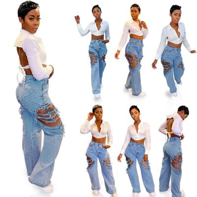 China 2021 Autumn Winter Woman Fashion Breathable Jeans Loose High Waist Ripped Denim Boyfriend Pants for sale