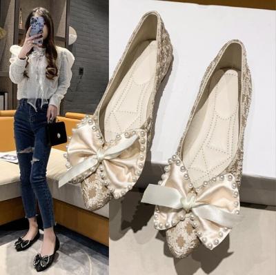 China Deodorization Women's Pointed Toe Ballet Pumps Pearl Satin Open Heel Flat Wedding Shoes Bridal Shoes for sale