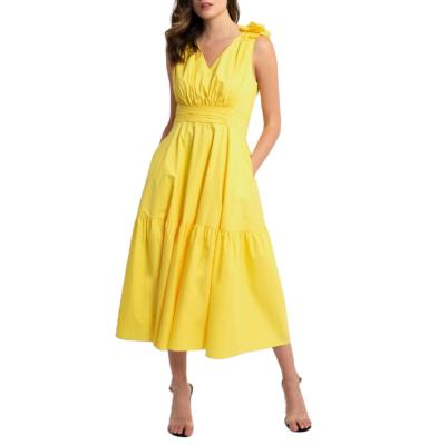 China Ladies Breathable V Neck High Waist Cotton Dress With Bow Tie At The Shoulder Charming Dress for sale