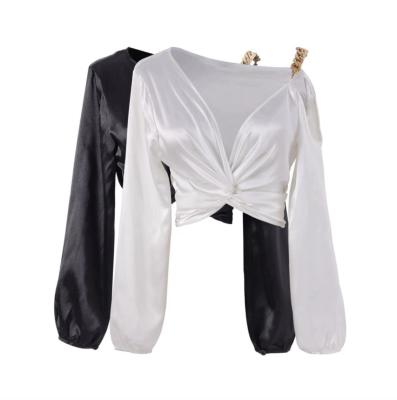 China Breathable Ladies Long Sleeve Twist Knot Polyester Satin Crop Top With Slope Neck Line And Chain At Shoulder for sale