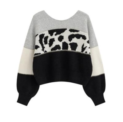 China Breathable Ladies Long Sleeve Round Neck Leopard Pattern Wool Blend Pullover Sweater for sale