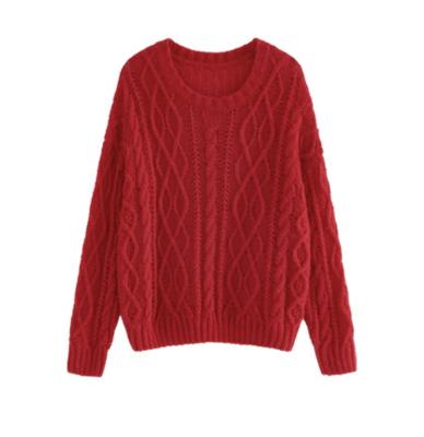 China Ladies Breathable Round Neck Long Sleeve With Rib Cuff Cable Knit Weave Pullover Sweater for sale