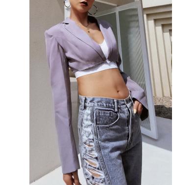 China Ladies Breathable Polyester Satin With Lapel Collar Sleve Super Crop Long Blazer for sale