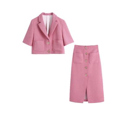 China Breathable Ladies Fashion Short Sleeve Raw Wool Blend Yarn Crop Blazer And Skirt Set for sale