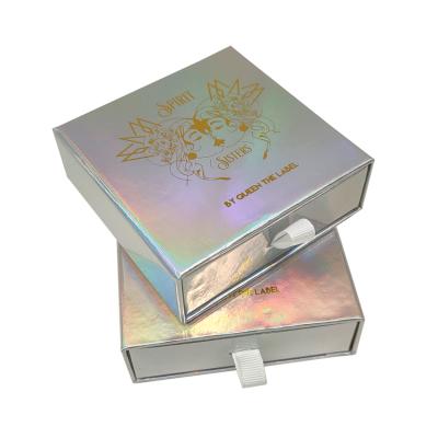 China Handmade Unique Popular Design Logo Printed Iridescence Sliding Cardboard Holographic Aluminum Drawer Gift Box for sale