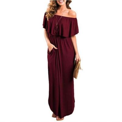 China Anti-Static Women Off Shoulder Ruffle Dress Casual Side Split Beach Long Maxi Dresses With Pockets for sale