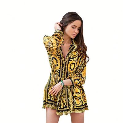 China Black And Gold Breathable Long Sleeve Women Print Blouse And Shirt Top for sale