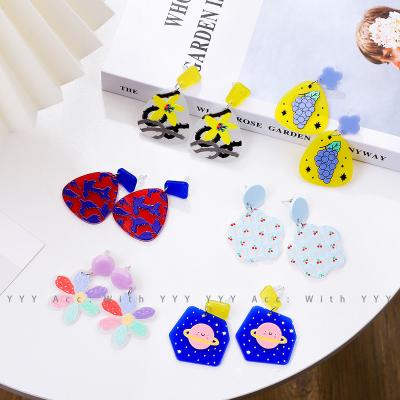 China Fashion Casual Sakura Petal Planet Grape Cherry Fruit Yellow Blossom ZY1292/Sporting Casual Acrylic Earrings Printing Acrylic Jewelry for sale