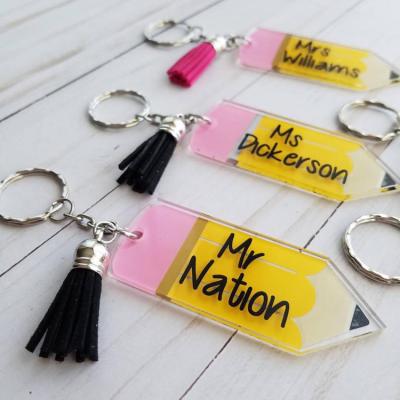 China Pencil Pattern Key Chain With Tassel Teacher Appreciation Gift Backpack Wholesale Custom Tag Acrylic Pencil Key Chain With Tassel for sale