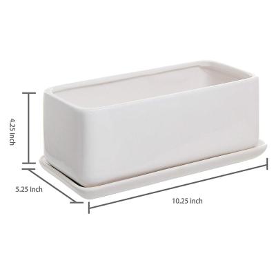 China Europe 10 Inch Rectangular White Ceramic Planter Succulent Pot With Saucer for sale