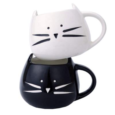 China Cute Sustainable Ceramic Little Cat Coffee Tea Mugs, white+black for sale