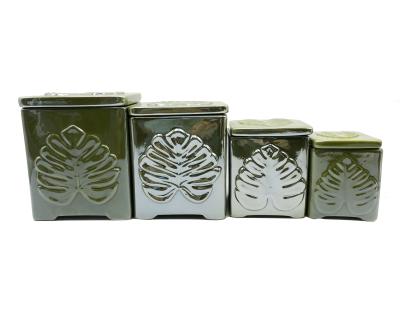 China Freshness Preservation Embossed Pearly Glazed Green Square Pack 4 Storage Canister For Tea, Coffee, Sugar for sale