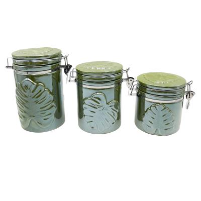 China Pearly Green 3PC Freshness Preservation Set Ceramic Canister For Reserve Food , Flavor , Tea For Kitchen for sale