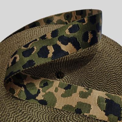 China Garment webbing backpack strap green leopard jacquard fabric cardboard nylon belt give free for running webbing fake 50mm nylon 1.5mm for sale