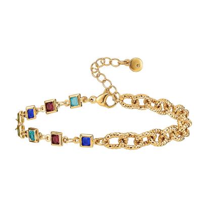 China Fashion and Texture Women Gold Chain Bracelet Brass Plated 18K Gold Filled Boho Color Luxury Zircon Delicate Handmade Jewelry Gem Bangles for sale