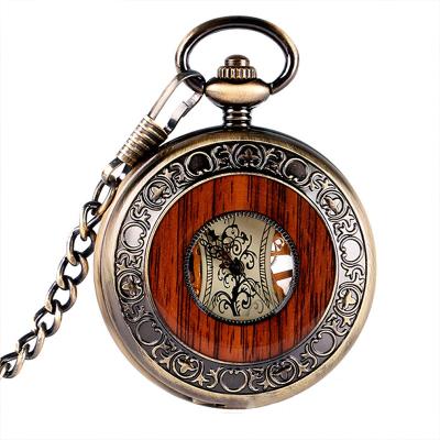 China Retro Antique Wooden Dial Gold Color Mechanical Watch Grain PM7035 Bronze Pocket Watches for sale