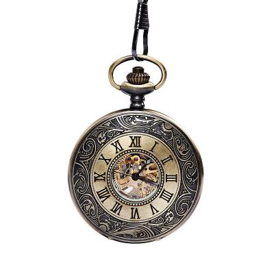 China PM7044 Antique Retro Style Roman Numerals Engraved Dial Luminous Steam Punk Mechanical Pocket Watch for sale