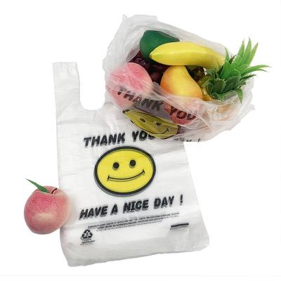 China Poly Reusable Plastic Side Gusset Bag T-shirt Grocery Bags Invest Bag Smile Picture And Black Letter Logos For Supermaket for sale