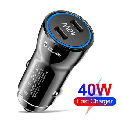 China 2 Type C PD Fast charging usbc 40W Cigarette Lighter Car USB C Charger Fast Charge Adapter QC3.0 Phone Dual Car Charger PD type C phone car charger for sale