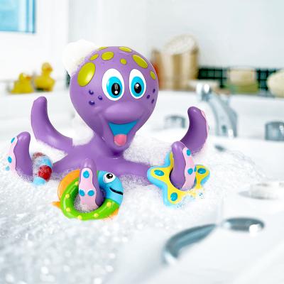 China Amazon Hot Selling Children's Toy Funny Floating Purple Octopus With 5 Rings Threshing Toy For Swimming Pool Playing Kids Interactive Bath Toy for sale