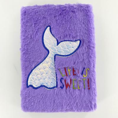 China Easy Writing 2022 Kids Faux Fur Notebooks and Notepads Custom A5 Purple Mermaid Shaped Plush Notebook Fashion for Kids for sale