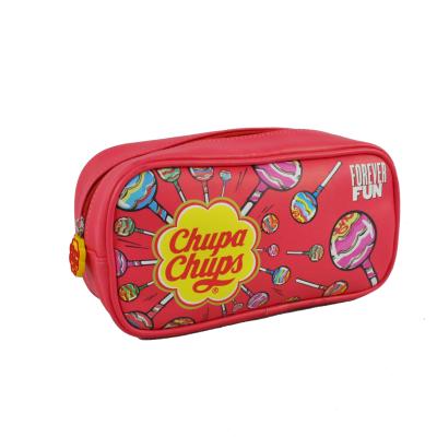 China Chupa Chups Pink PU Leather Zipper Pouch Cosmetic Bag for sale