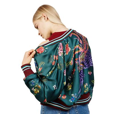 China Sustainable Custom Floral All Over Print Satin Bomber Jacket Women for sale