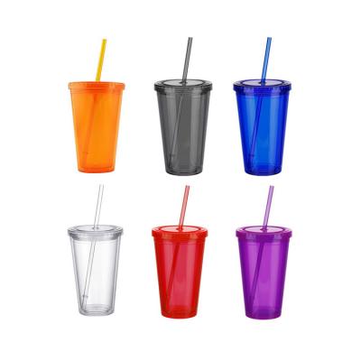 China 500ml Double Walled Plastic Coffee Juice Tea Cup Clear Double Walled Iced Drinks Reusable Smoothie Tumbler Plastic Iced Travel Mug With Straw for sale