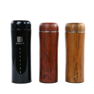 China Office Viable Custom Cup Logo Printing Wood Grain Business Double Wall Stainless Steel Insulated Water Bottle for sale