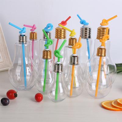 China Sustainable Clear Plastic Bulb Shaped Drinking Juice Water Bottle With Lid And Straw for sale