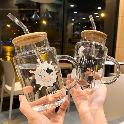 China Sustainable Custom Reusable Borosilicate Glass Water Chips Mug Milk Cup With Straw And Handle Lid for sale