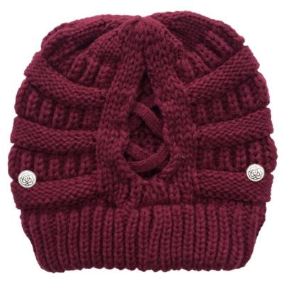 China Solis COMMON color dark red women knitted ponytail wool back cross cap for knitting hats with mask button for sale